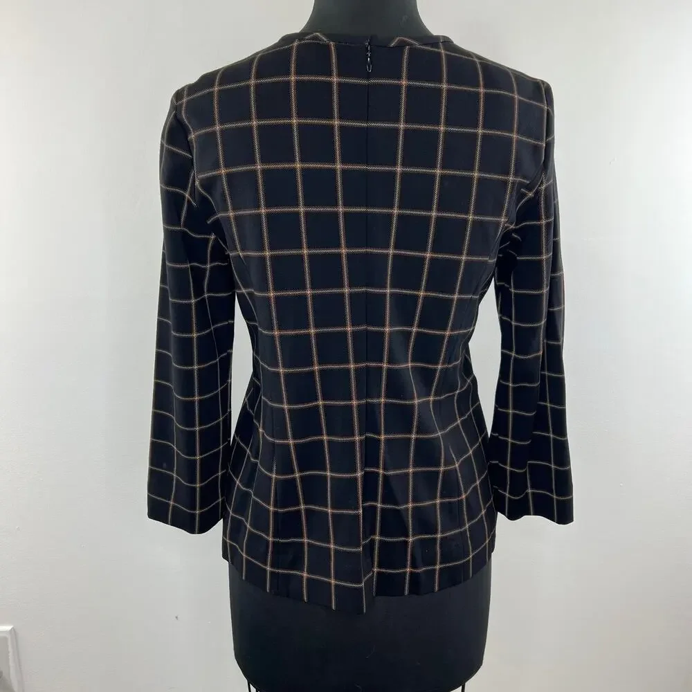 Carlisle Collection Black Brown Window Pane Check Long Sleeve Fitted Blouse Sz 2